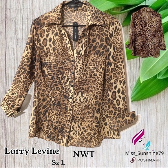 Larry Levine NWT - Sz L - animal print pattern transparent button down shirt - Picture 1 of 7
